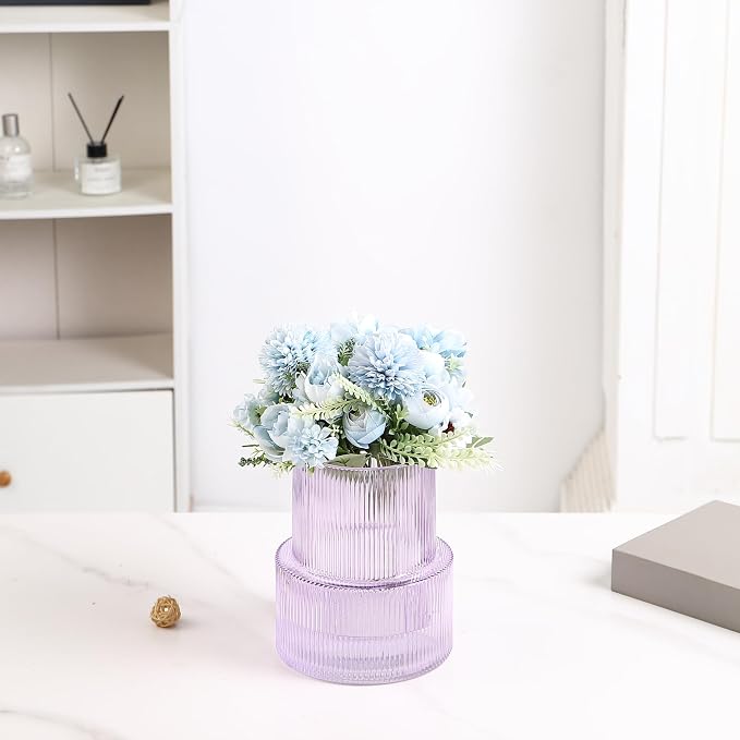 Ribbed Glass Vase, Flower Vase, Fluted Purple Vases for Flowers, Modern Vases for Living Room, Dining Table, Entryway, Shelf, Wedding, Office, Coffee Table, Birthday, 7.5 Inches