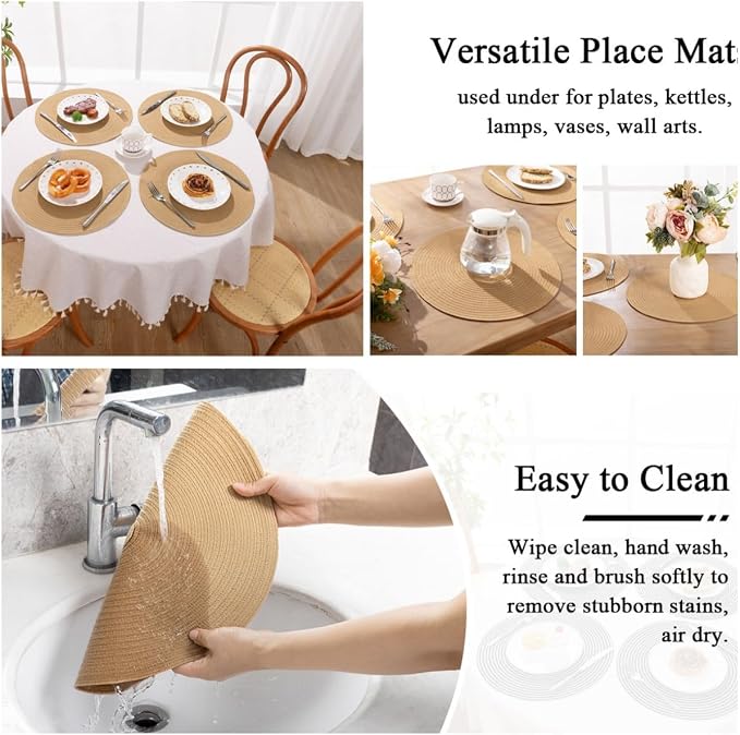 SHACOS 15 inch Round Braided Placemats Set of 6 Cotton Polyester Heat Resistant Round Table Mats Washable Place Mats for Dinner Party Table Decoration (Camel, 6)