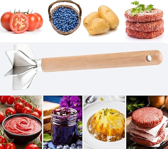 304 Stainless Steel Meat Chopper,6 Blade Ground Beef Masher with Wooden Handle, 11 Inch Potato Masher, Metal Meat Masher for Kitchen