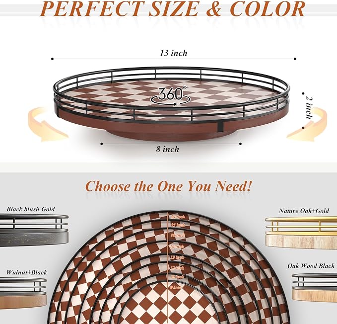 Brown Checkered Lazy Susan Tray, 13 Inch Large Rotating Serving Tray with Black Metal Rail, Round Wood Turntable for Dining Table Centerpiece, Coffee Table Decor and Entertaining