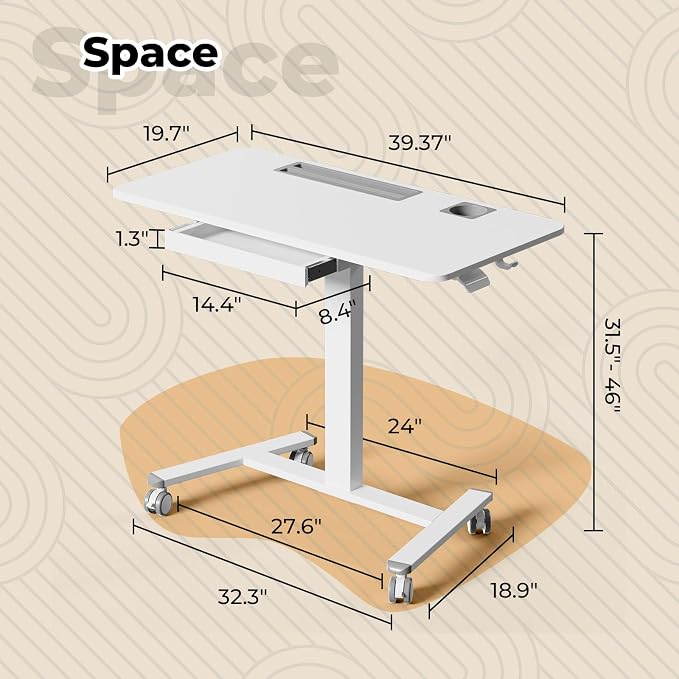 Mobile Standing Desk with Drawer, 40" Small Standing Desk with Cup Holder, Rolling Laptop Workstaion on Wheels, Height Adjustable Table with Storage for Home Office, White