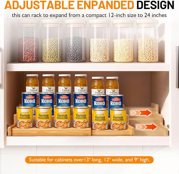 Bamboo Expandable Can Rack Organizer for Pantry, Stackable 3 Tier Canned Food Organizers and Storage, Kitchen Cabinet, Can Holders Dispensers for Pantry Up To 24 Cans