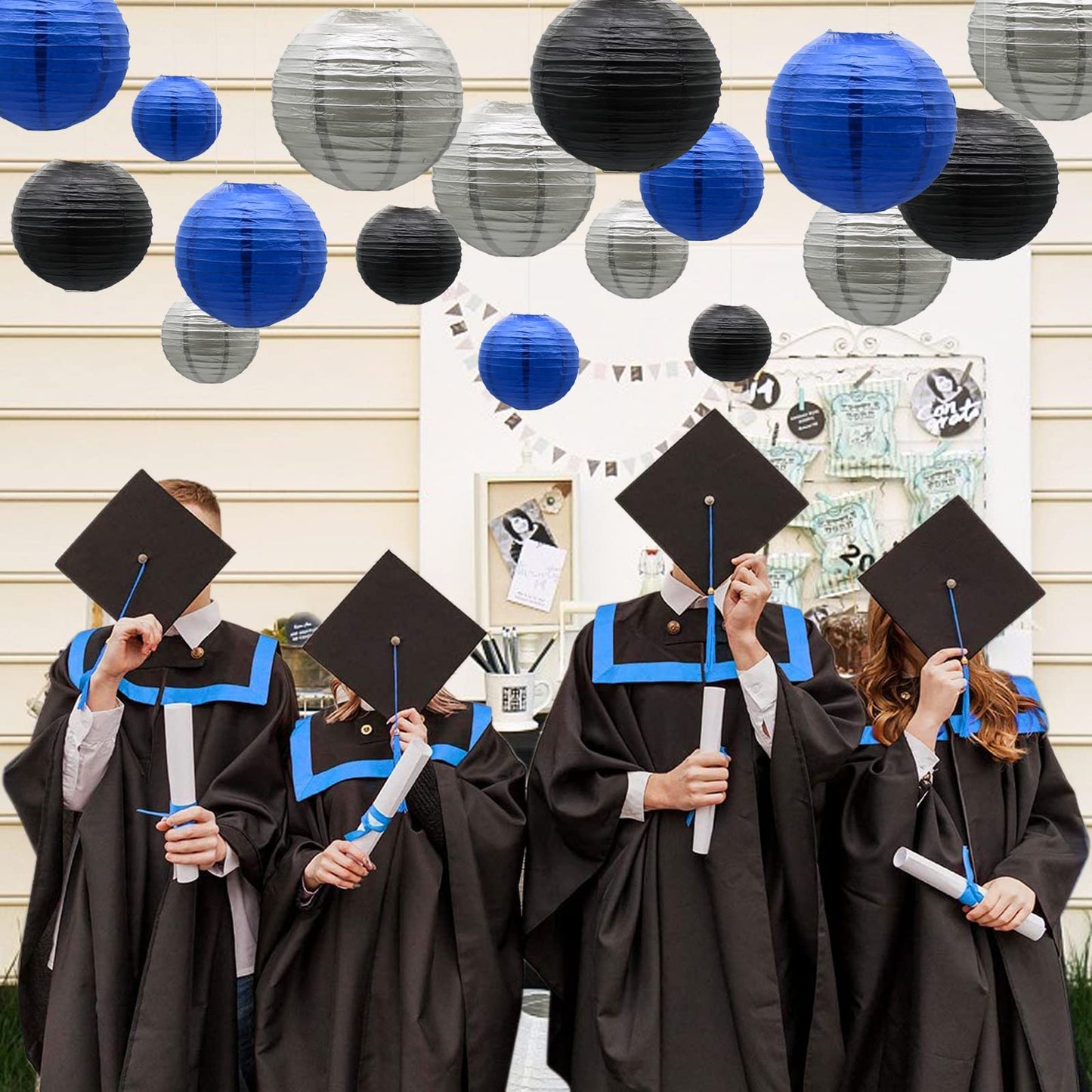 Paper Lanterns Decorative, Round Hanging Lantern for Graduation Wedding Birthday Anniversary Bachelorette Retirement Party Decorations, Navy Blue/Silver/Black 9pcs