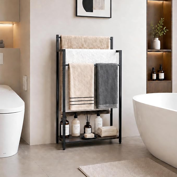 Freestanding Towel Rack, 3 Tier Blanket Ladder Stand with Black Wooden Shelf for Bathroom Living Room (31.5" H x 16.9" W x7.9 D)