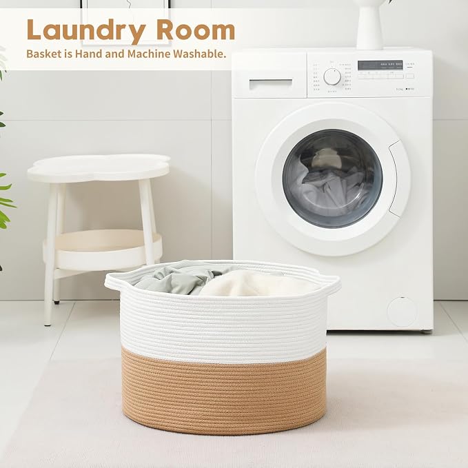 Foldable Laundry Hamper Basket with Collapsible Handle Cotton Rope Soft Woven Fabric Storage Organizer Clothes Toys Nursery Bedroom Dorm Space Saving Bin (White & Camel, 80L(21.7"D x 13.8"H))