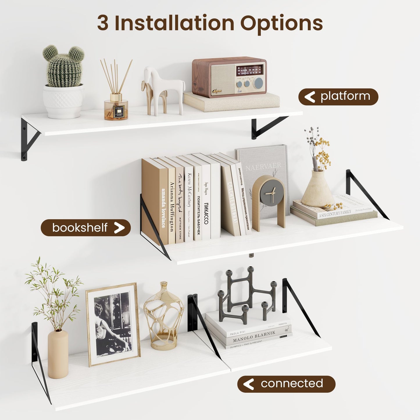 Fun Memories Floating Shelves for Wall, 12 Inch Deep Floating Shelves Set of 2, 16W x 12D Large Wall Shelf with Sturdy Metal Brackets for Living Room, Bathroom, Bedroom and Kitchen, White