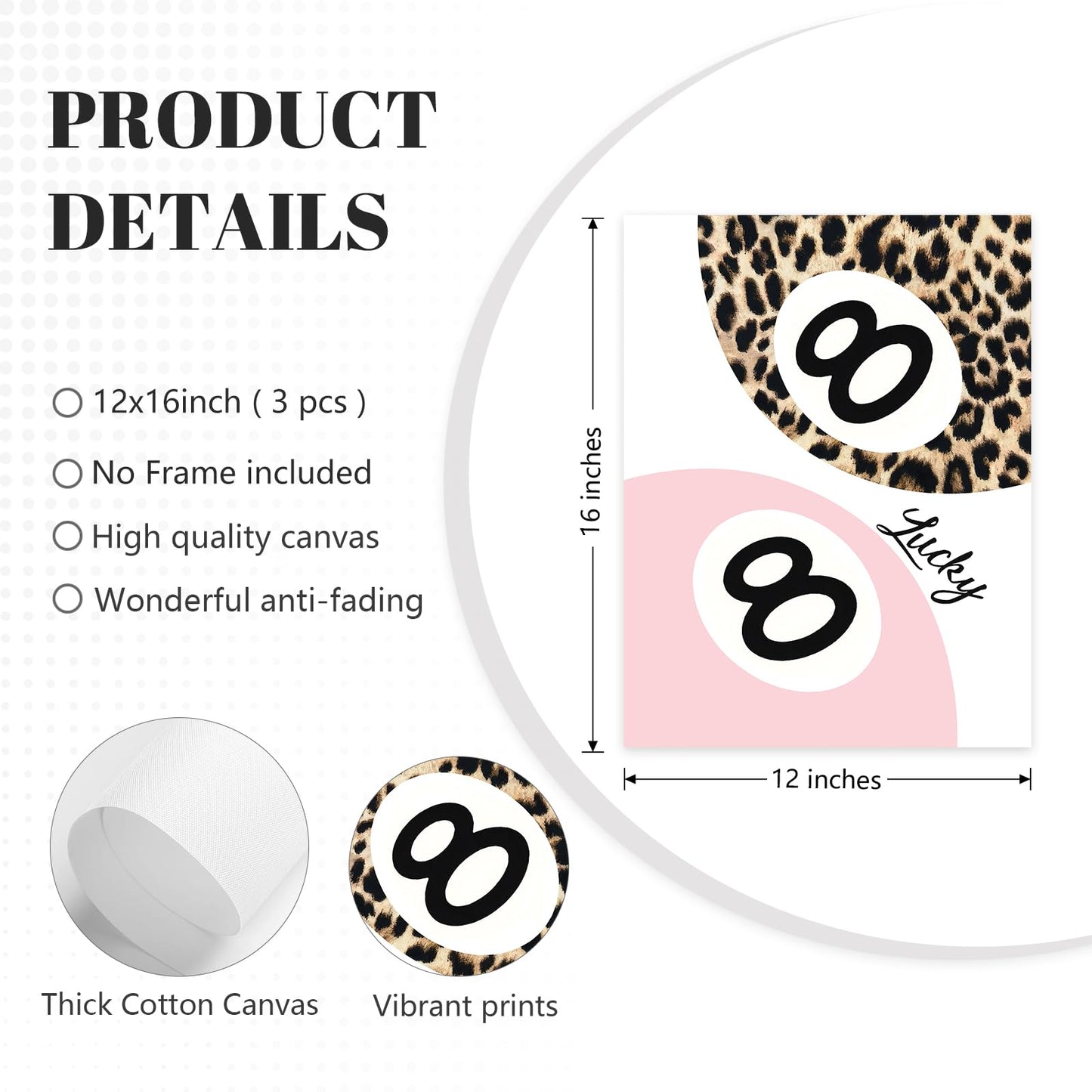 Lhoiplme Cheetah Trendy Wall Art Preppy Leopard Canvas Print Cheetah Room Wall Decor 8 Ball Poster Y2k Pink Coquette Luxury Print Lucky Aesthetic Fashion Pictures for Bedroom 12x16x3 Inch Unframed