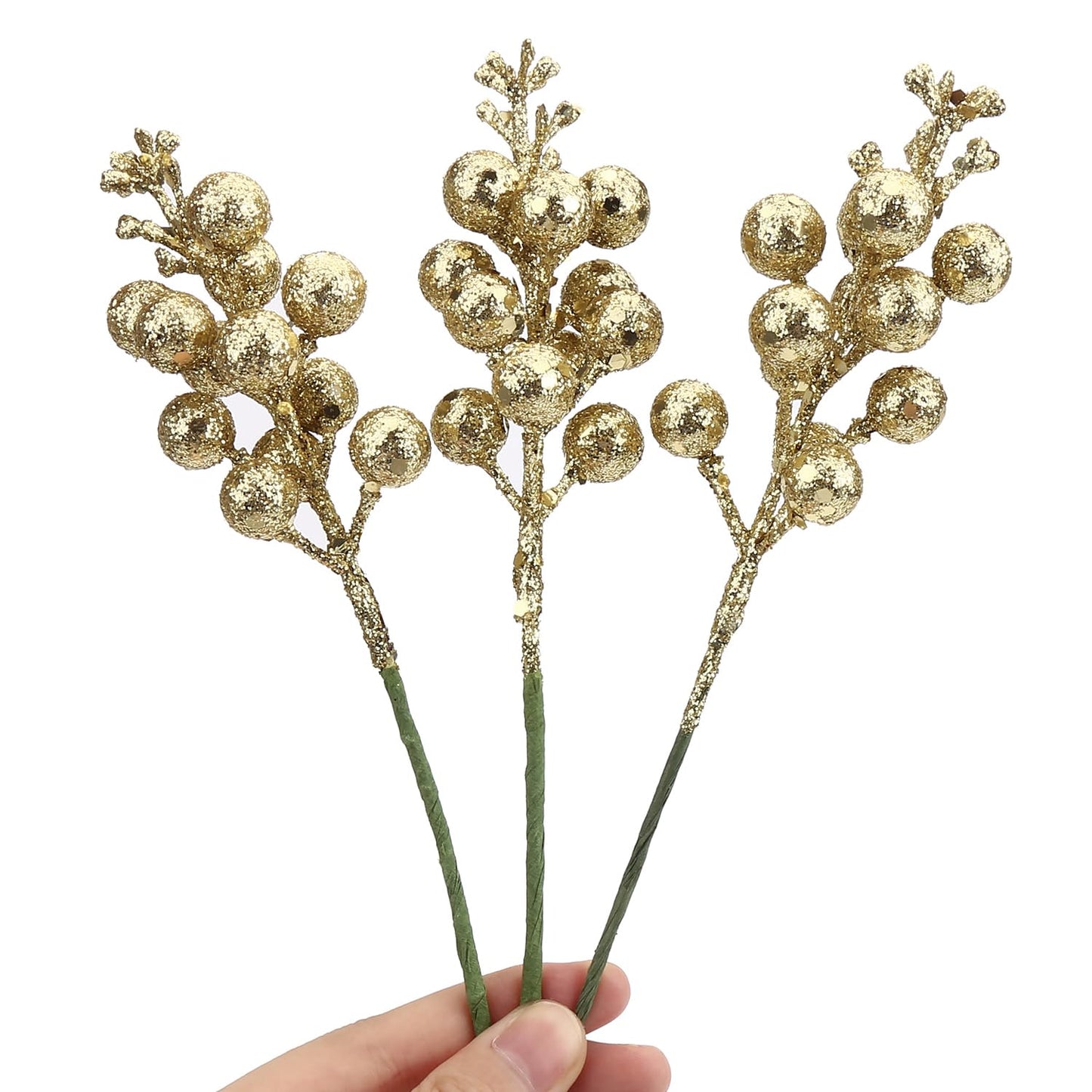 DIYASY Champagne Glitter Berry Stems,20Pcs Artificial Xmas Picks and Sprays Christmas Tree Filler Branches Ornaments Holiday Wreath Garland Decorations Home Décor 7.8 Inch