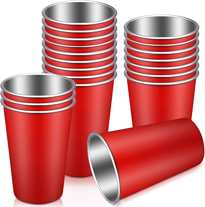 Mimorou 20 Pack 16 oz Stainless Steel Pint Cups Metal Cups Unbreakable Drinking Water Tumblers Stackable Tumbler for Adults Bar Home Restaurant Travel Picnic Camping Outdoor (Red)