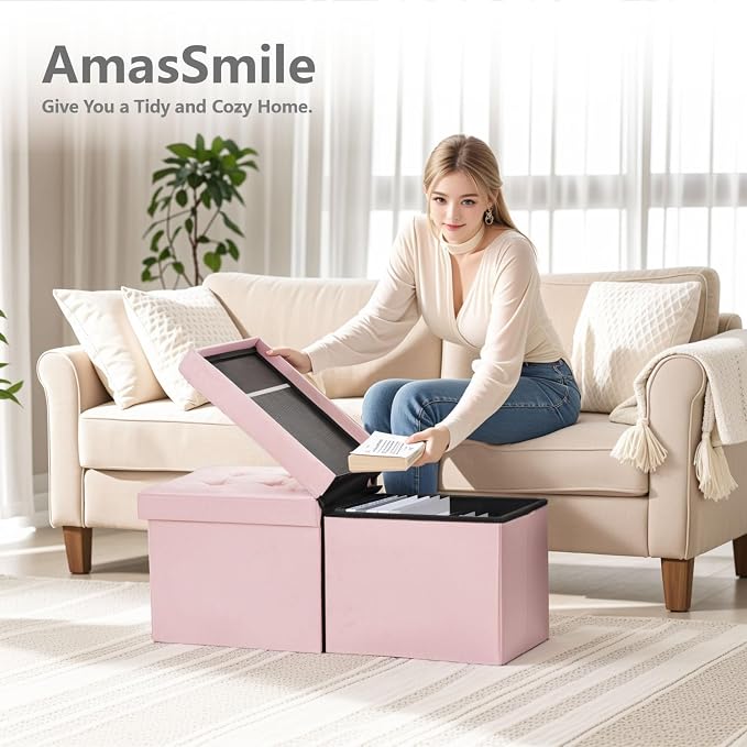AmasSmile Footrest Ottoman Bench with Storage,34Inch Pink Velvet Footstool, Coffee Table, Padded Seat, Storage Chest,Blanket Store with Flipping Lid for Livingroom and Bedroom