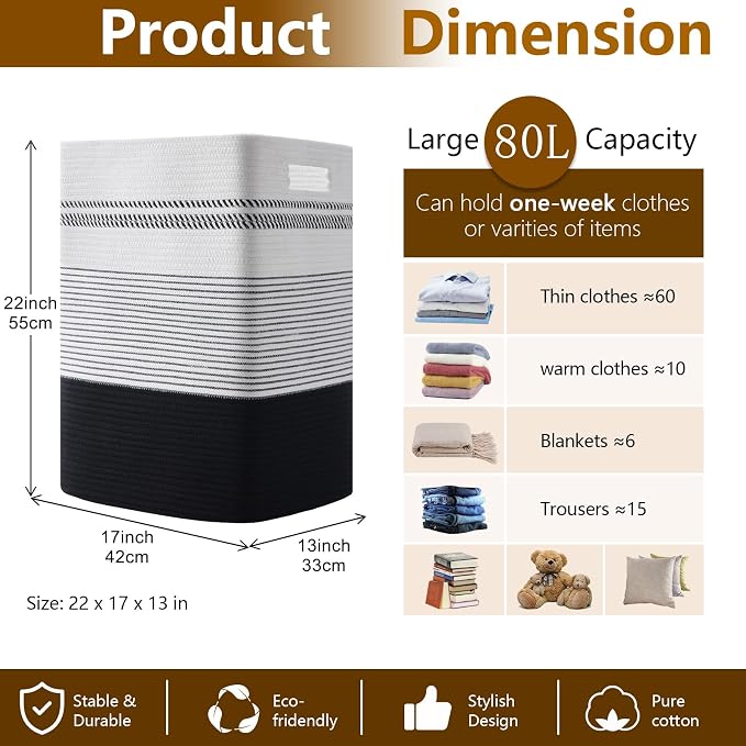 80L Large Cotton Rope Laundry Basket for Bedroom & Laundry Room, Tall Clothes Hamper with Sturdy Handles, Neutral Storage Bin Capable of Holding Blankets and Toys