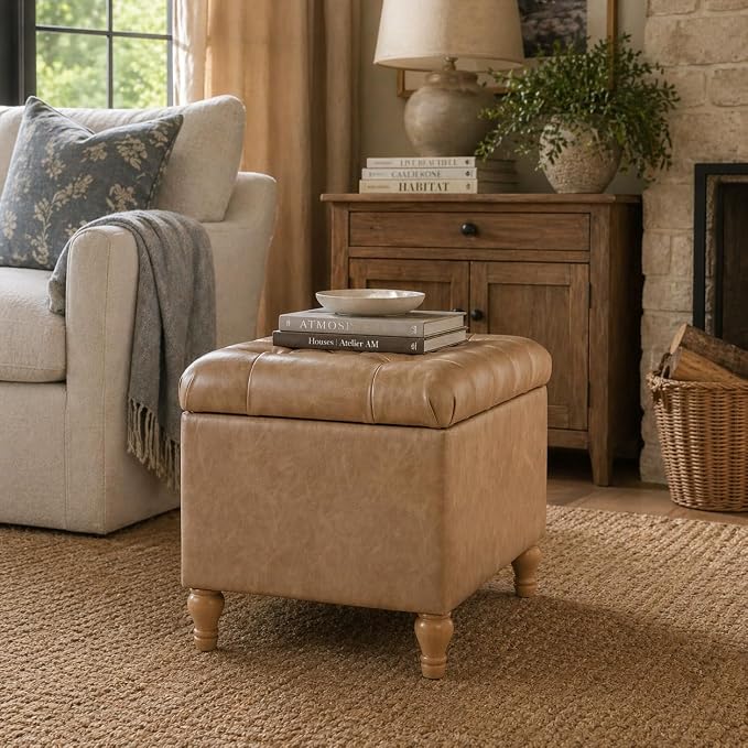 Spatial Order Home Decor | Upholstered Button Tufted Storage Ottoman | Hinged Lid Ottoman with Storage for Living Room & Bedroom | Decorative Home Furniture (Sand Faux Leather)