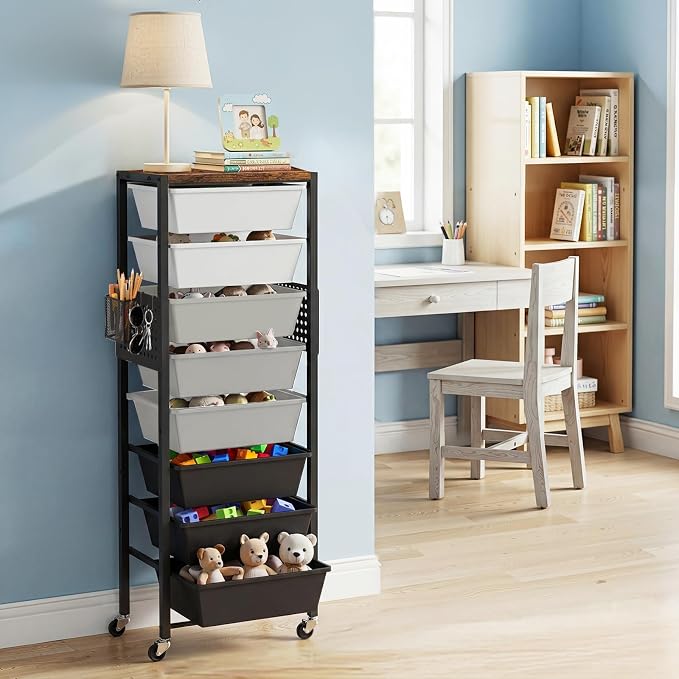 Rolling Cart with Drawers, Rolling Storage Cart with Large Plastic Drawers & Wooden Tabletop, Utility Cart with Pegboards & Basket, Storage Drawers Cart for Living Room, Classroom, Bedroom, Office