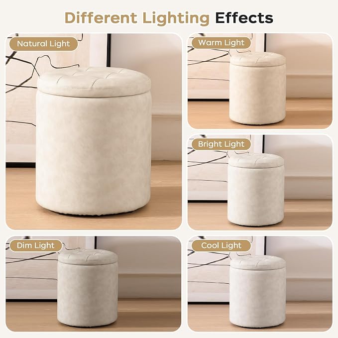 oakvivo Faux Leather Round Ottoman with Storage 12.6" W x 14.17" H & 14.76" W x 17.32" H Set of 2, Small Boucle Coffee Table Footstool with Removable Lid for Living Room, Bedroom, Beige
