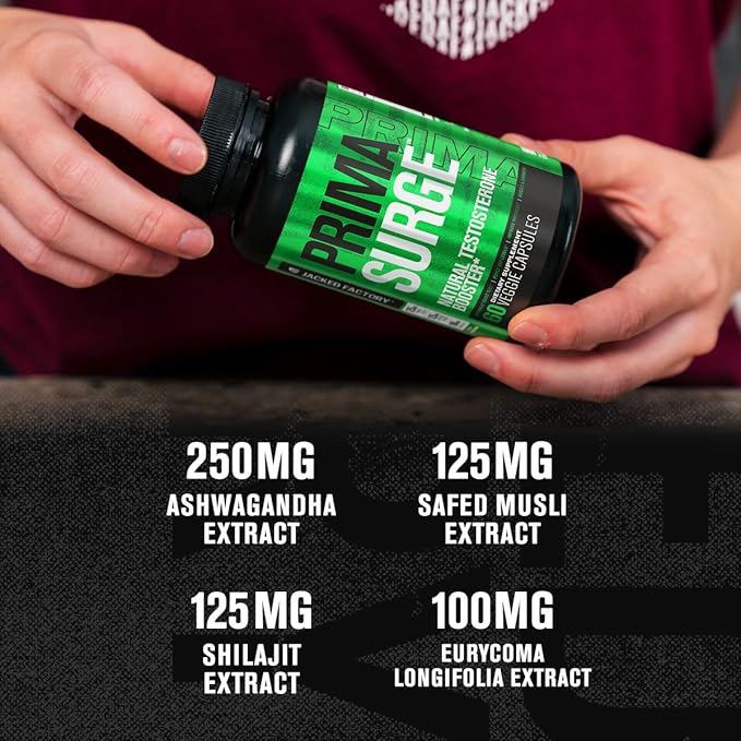 Jacked Factory Testosterone Booster for Men PRIMASURGE - w/Tongkat Ali, PrimaVie, Ashwagandha - Boost Vitality, Muscle Growth & Energy | Natural Test Booster Supplement - 60 Veggie Pills