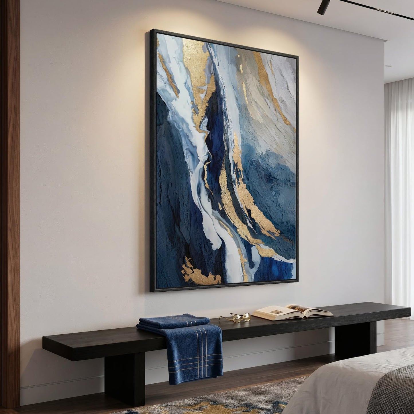 Extra Large Framed Blue Abstract Wall Art for Living Room, 40x60 In Oversized Blue and Gold Modern Canvas Prints Paintings, Big Vertical Navy Blue Pictures for Hallway Dining Bedroom Office Wall Decor