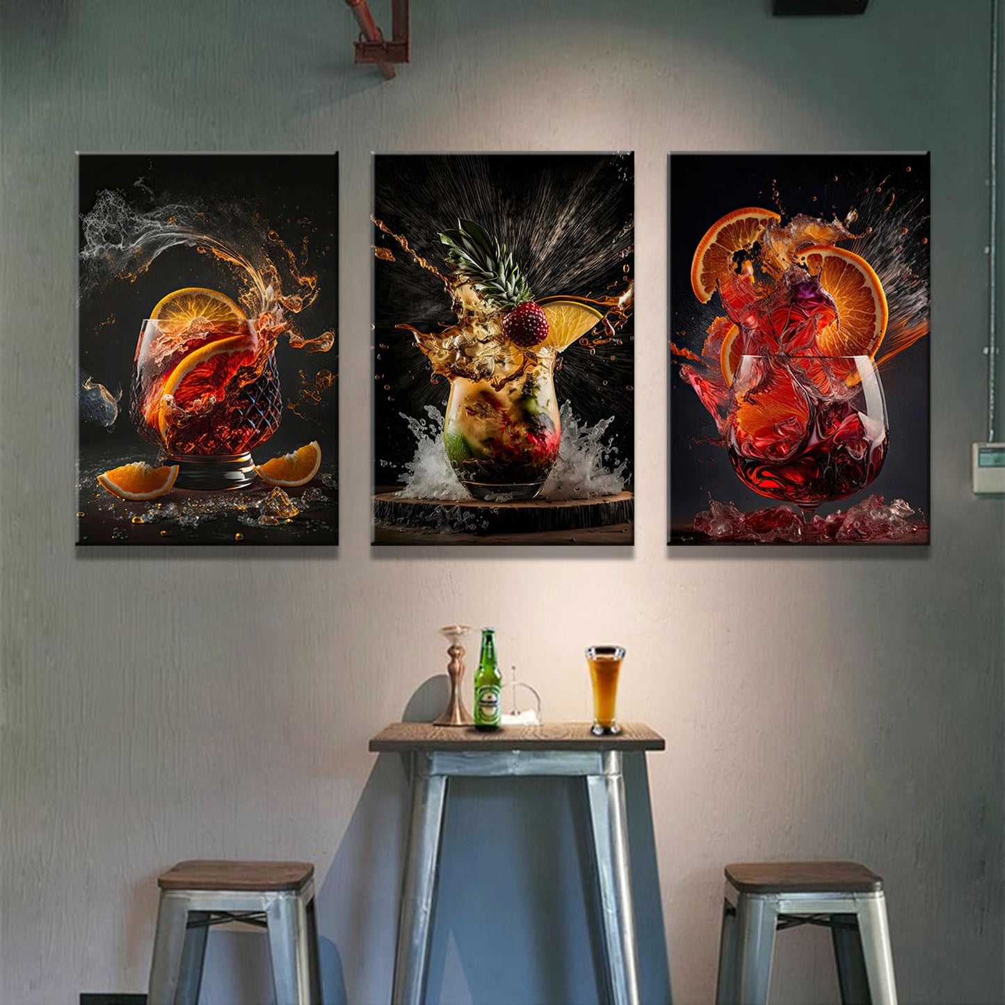 3-Piece Framed Canvas Wall Art Wrapped Canvas Cocktail Drink Posters High-Definition Bar Art Prints, Modern Alcohol Beverage Artwork Liquor Splash Photography Pictures, Unique Bartender Decor for Home Kitchen, Lounge and Bar12X16inch