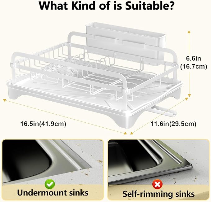 LIYI Dish Drying Rack for Kitchen Counter - Kitchen Dish Rack with Drainboard, Small Dish Drainer with Utensil Holder for Sink, 16.5" D x 11.6" W x 6.6" H, White
