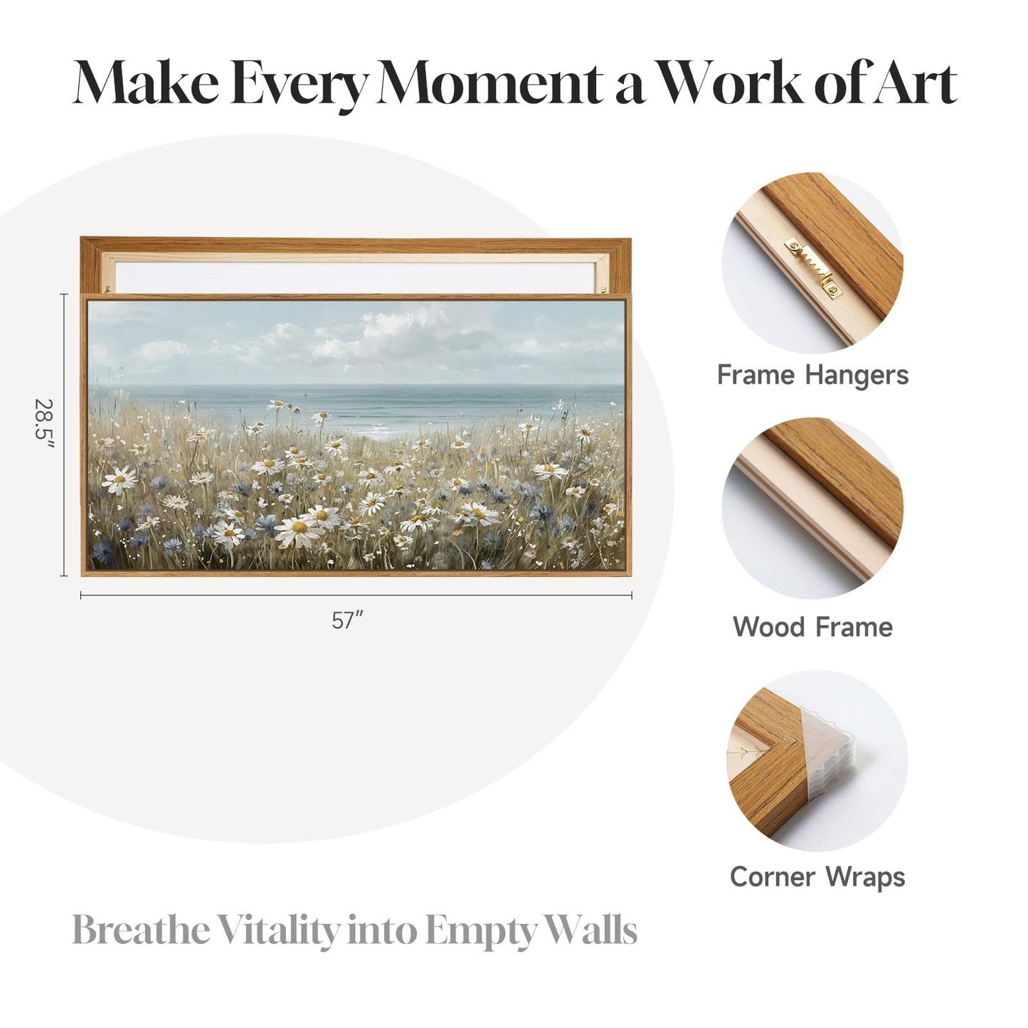 Extra Large Framed Coastal Landscape Wall Art for Living Room, Horizontal Wildflower Seascape Canvas Artwork for Walls, Ocean Scenic Picture Print for Dining Room Bedroom Office Wall Decor, 60x30 Inch