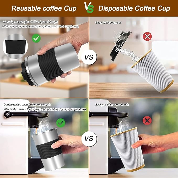 YINBAOGE Insulated Travel Coffee Mug, Spill & Leak Proof, Portable To Go Camping Stainless Steel Coffee Tumbler, Reusable Thermal Coffee Cup with Lid for Hot & Cold Drinks(Silver black, 12 OZ)