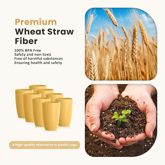 Homienly 8pcs Wheat Straw Fiber Cups, 20 Oz Reusable Drinking Cups, Unbreakable, Dishwasher Safe, Microwave Safe, BPA Free, Organic, Classic Style, Yellow