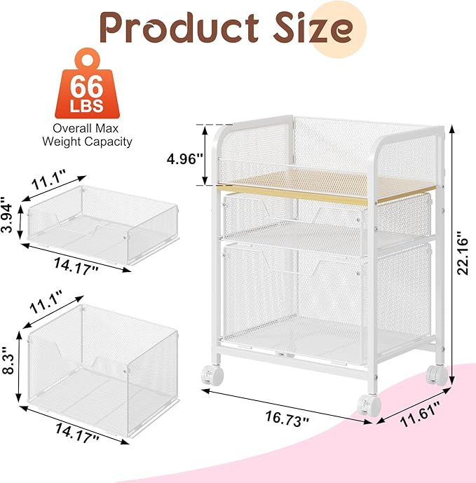 Yociyoga 3 Tier Rolling Cart with Drawers,Pantry Storage Cart with Wheels,Under Desk Storage Cart for Small Space,Pantry Floor Organizers and Storage,Metal Load-Bearing Utility Craft Cart,White