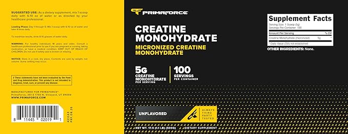 Primaforce Micronized Creatine Monohydrate Powder 500 Grams (1.1 Pounds)