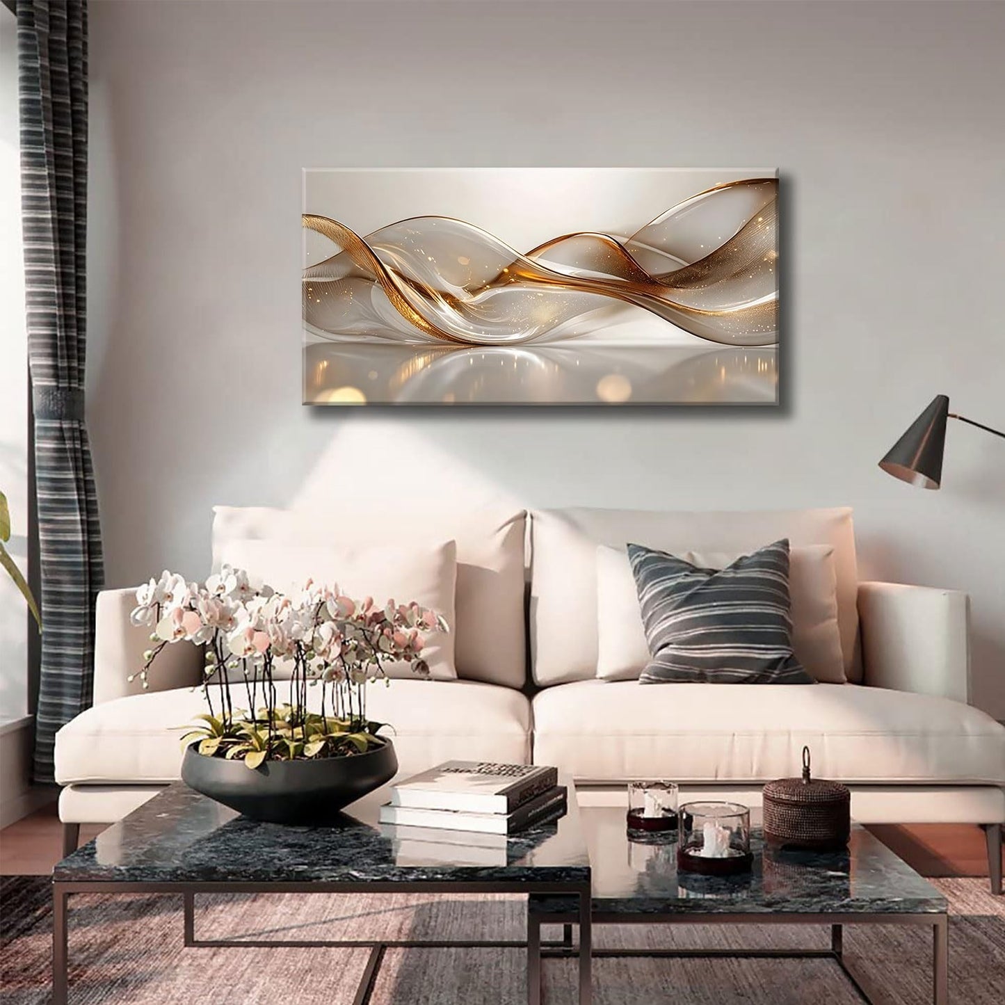 Modern Large Living Room Canvas Wall Art Gold Abstract Lines Decor painting Pictures Transparent Wave Neutral Posters Prints for Bathroom Bedroom Office Hallway Home Decoration