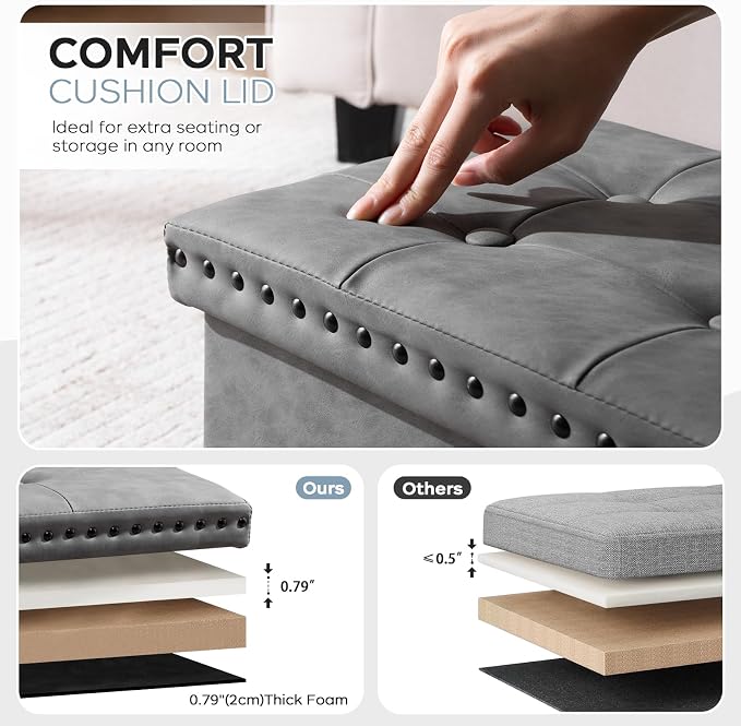 oakvivo Storage Ottoman Cube 16x12x12 inches, Small Faux Leather Tuffed Foot Rest Stool with Rivet Design, Foldable Ottomans Footstool, Box Chest for Bedroom, Entryway, Load 242 lb, Grey