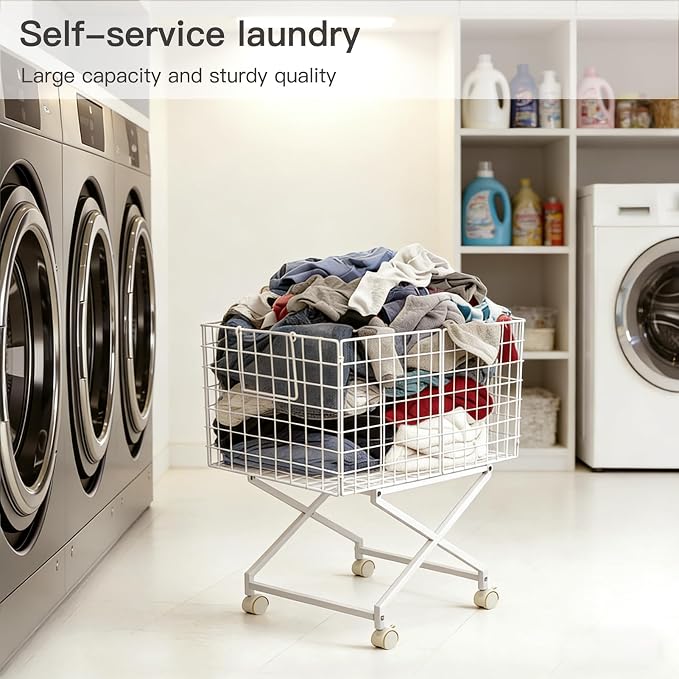 Rolling Laundry Basket with Wheels - 27" Elevated Wire Laundry Hamper, 80L Sturdy Metal Laundry Cart, 10-Min 8-Screw Assembly, Ergonomic No-Bending Mobile Clothes Bin for Laundry Room (White)