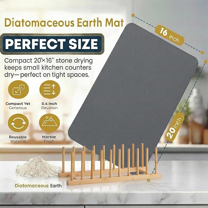 Stone Drying Mat for Kitchen Counter with 5 Wooden Feet &Bamboo Rack | 19.7"×15.7" Diatomaceous Earth Dish Drying Mat, Elevated Drying Stone Mat for Modern Kitchen Countertop