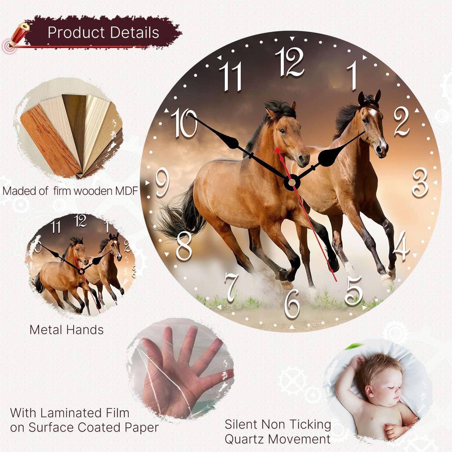 VIKMARI Wall Clock Silent Non Ticking - 14 Inch Running Horse Pattern Kitchen Wall Clock Quality Quartz Battery Operated Round Wall Clocks for Home/Office/Classroom/School