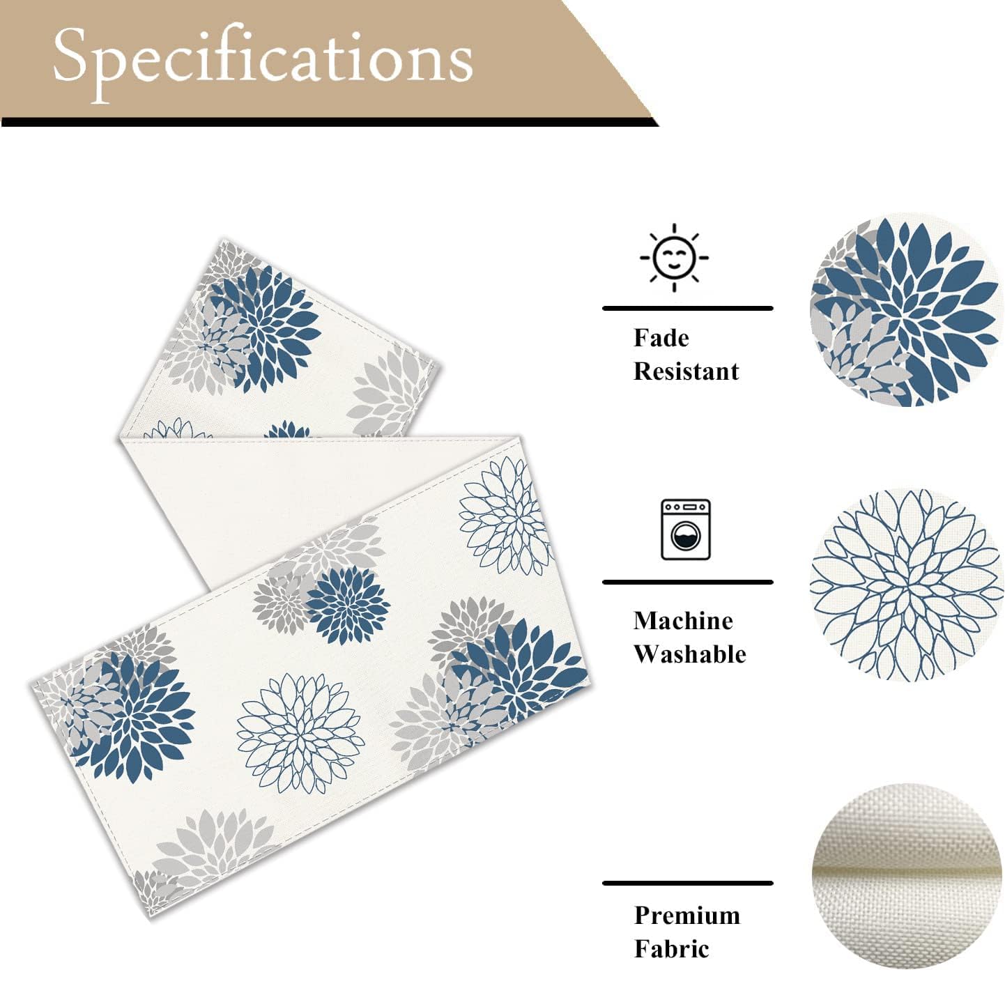 WHOMEAF Blue Gray Table Runner Dahlia Pinnata Flower Beige Table Runners Modern Elegant Pompon Farmhouse Geometric Table Center Decor for Home Dining Party Entrance (13 x 36 Inch)
