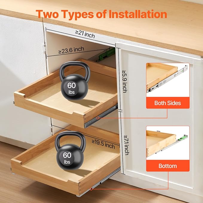 VEVOR Pull Out Cabinet Organizer, 20"W x 21"D Cabinet Drawer, Soft Close Slide out Shelf, Heavy-Duty Sliding Wood Drawer, Bottom Mount Size（20.5"W x 23"D）and Side Mount Size（21"W x 23"D）