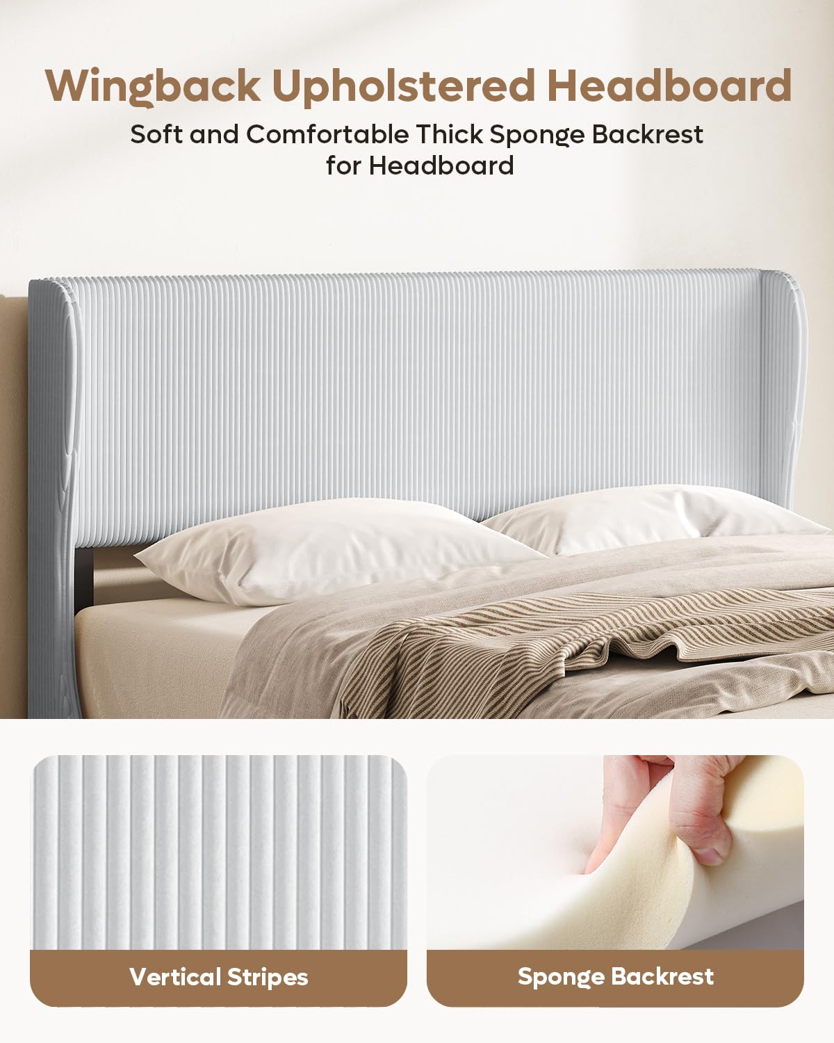 Bestier Queen Bed Frame with Wingback Headboard,Upholstered Platform Queen Size Bed with Strong Wooden Slats,No Box Spring Needed,Never Squeaks,Easy Assembly,Light Grey
