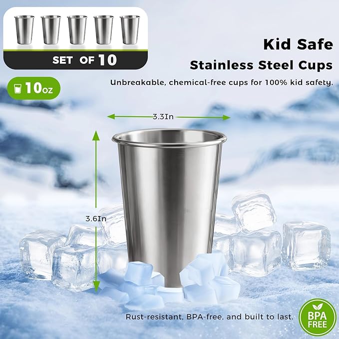 10 Pack 10 oz Stainless Steel Pint Cups,Stainless Steel Cup,Pint Cup Tumbler，water Tumbler,Stackable,Reusable,BPA Free