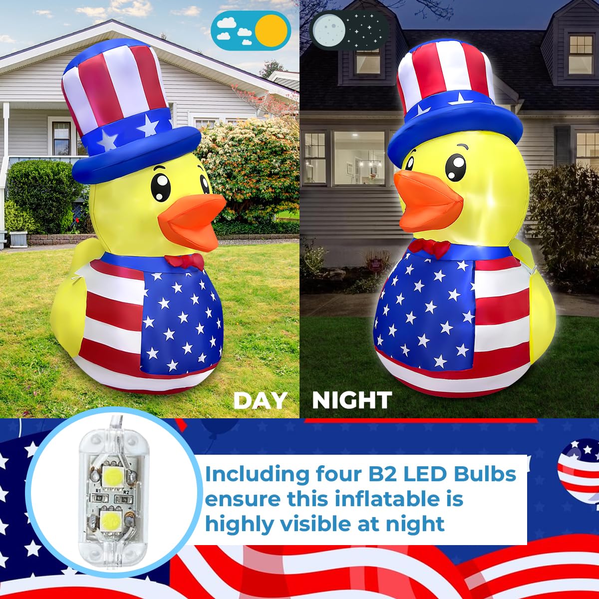 5FT Patriotic Independence Day 4th of July Inflatable Duck Decorations Outdoor Decor with Built-in LED Lights Blow Up Yard Decoration for Holiday Patriotic Party
