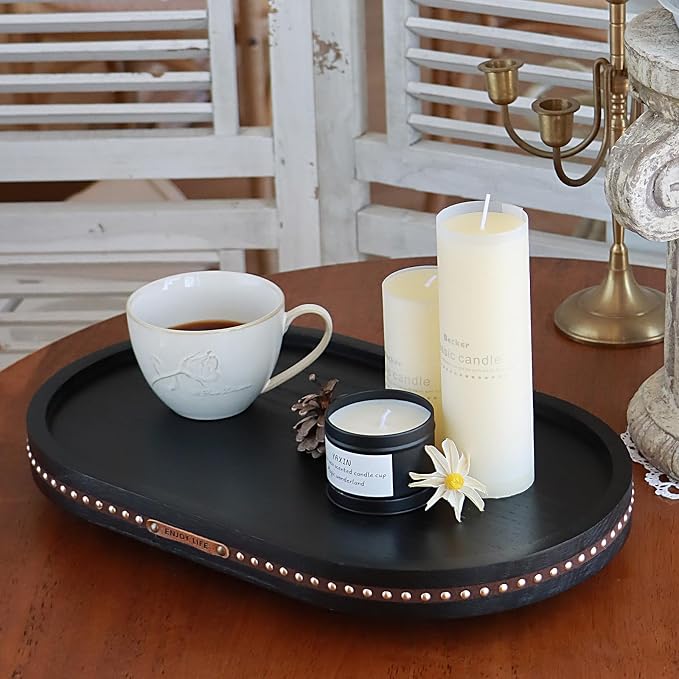 Decor Decorative Round Tray 11.81in for Home Decor for Coffee Table Farmhouse Kitchen Table Living Room Bathroom Centerpiece Tray Decor Oval Black