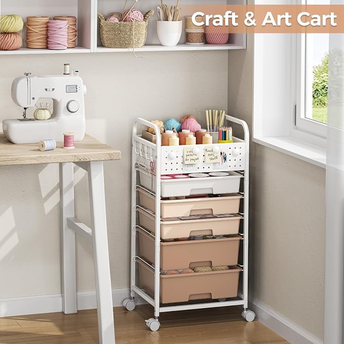 5 Drawer Rolling Storage Cart with Pegboard Top and Hooks, Mobile Organizer Cart with Wheels for Office Supplies, Craft Storage, Classroom Organization, Home Utility Cart, Brown