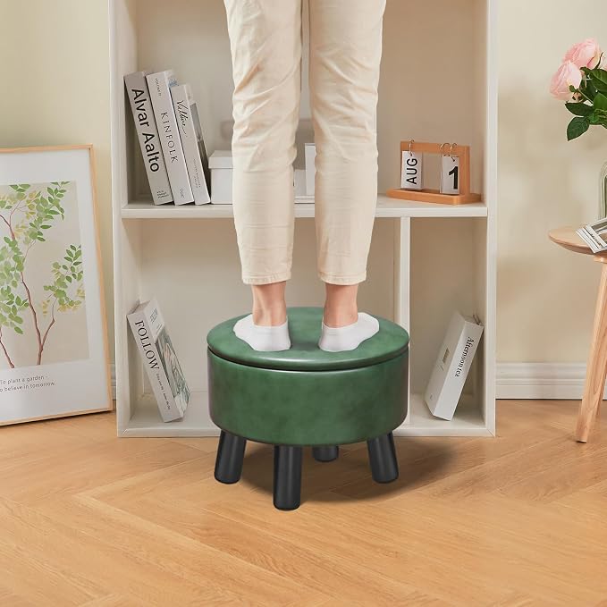 Small Foot Stool Ottoman with Storage, Faux Leather Ottoman Foot Rest for Couch, Round Footstool Ottomans for Living Room (Green)