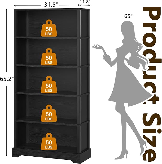 TVU 5-Tier Wooden Bookshelf, 65" Tall Farmhouse Style Open Bookcase, 31.5" W Standing Book Shelf with Storage, Suitable for Study, Living Room, Office, Blcak