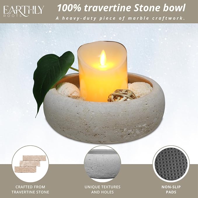 Travertine Decorative Bowl, 7.5” Natural Stone Candy Bowl, Coffee Table Catchall Dish for Living Room, Candle, Key, Trinket Holder & Hand Crafted Home Decor