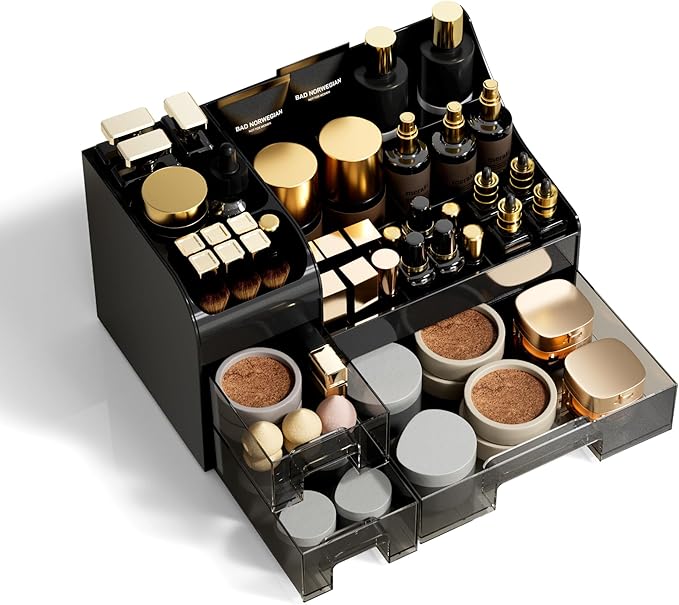 Large Makeup Organizer for Vanity,Countertop Organizer with Drawers and Brush Holder,Men’s Cologne Organizer for Bathroom,Cosmetic Skin Storage for Lipsticks,Nail Polish & Shaving Lotion,Black