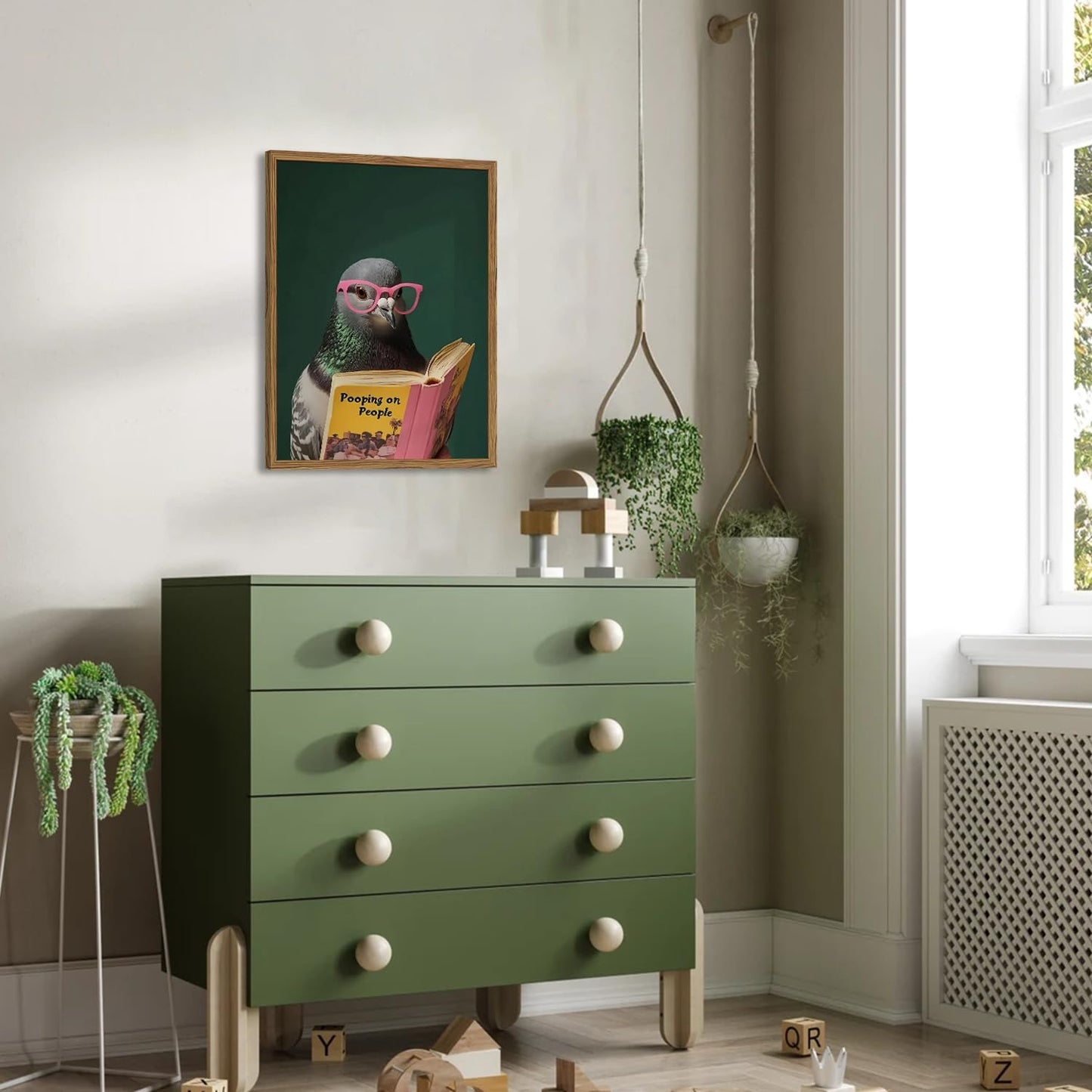 Framed Funny Pigeon Wall Art, Humorous Bird Reading Wall Decor Paintings, Pooping on People Book Pictures Canvas Print Eclectic Home Decor for Bathroom Living Room Office Dorm 12x16 inch