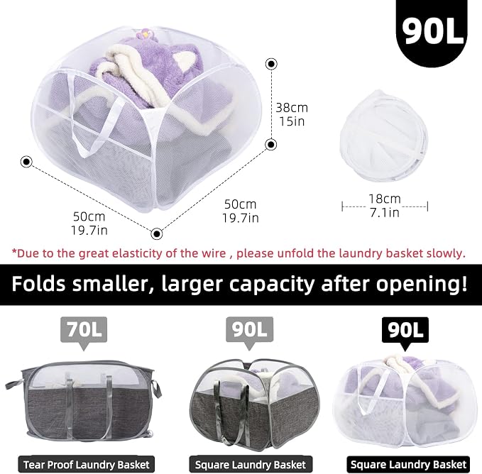Collapsible Laundry Basket, 90L Foldable Pop-up Laundry Hamper with Handles, Mesh Dirty Clothes Hamper for Laundry, Bathroom, Kids Room, Dorm,Travel or Camping (White)