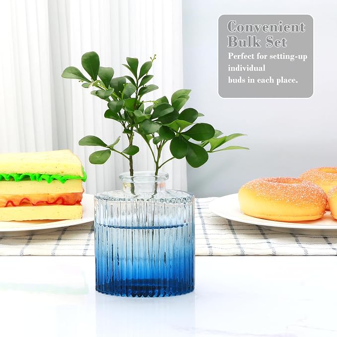 Mapoxy Glass Bud Vases Set of 4,Small Deep Blue Flower Vases for Wedding Centerpiece Table Decorations,Clear Vintage Embossed Mini Vases,Flower Arrangements in Vases for Party or Home Decor