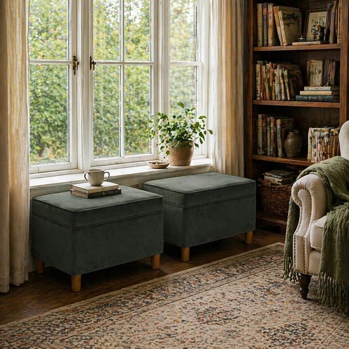 Spatial Order Home Decor | Dinah Collection Modern Storage Ottoman | Ottoman with Storage for Living Room & Bedroom(Loden Green Velvet)