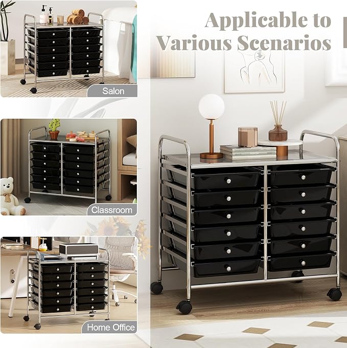 COSTWAY 12-Drawer Rolling Storage Cart, Utility Storage Organizer Cart for Tools, Scrapbook, Paper, Craft, Multipurpose Art Supply Organizer on Wheels for Home Office School, Teacher, Black