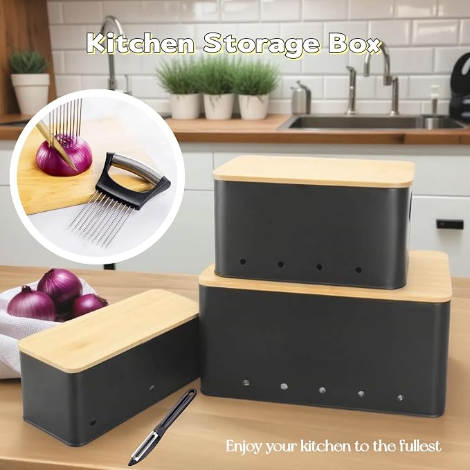 Modern kitchen storage container, stacked metal storage box, 3-piece set with wooden lid design, onion, garlic, potato metal cans, breathable storage box (Black)
