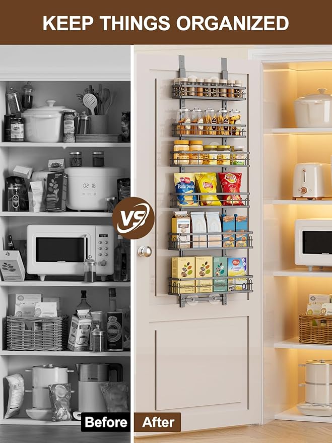 Delamu Over the Door Pantry Organizer, 6 Tier Pantry Door Organizer with Adjustable Basket, Door Spice Rack Seasoning Organizer, Metal Hanging Pantry Organizers and Storage for Kitchen,15.3" Black